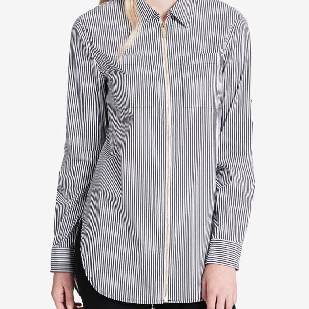 Women's Calvin Klein Black & White Vertical Stripe Zip Oversized Shirt Medium